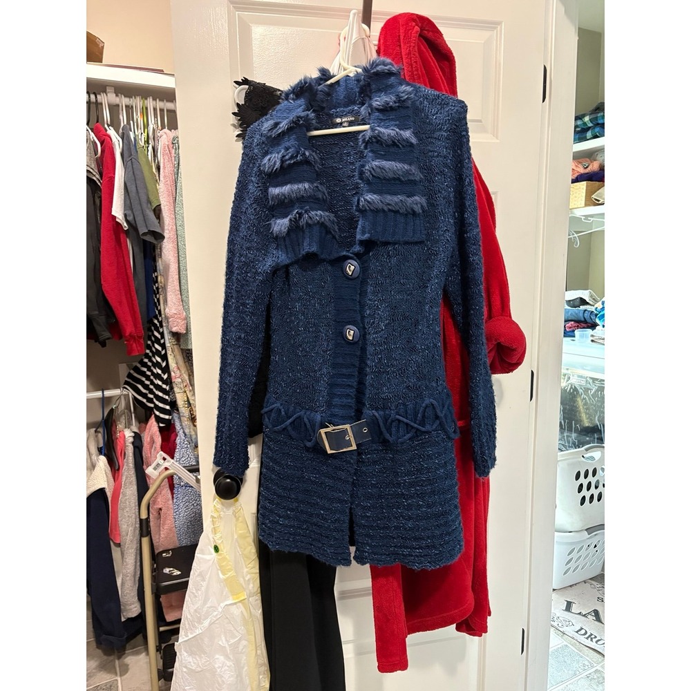 Milano Womens Blue Textured Cardigan Sweater Faux Fur Trim Belted Size L